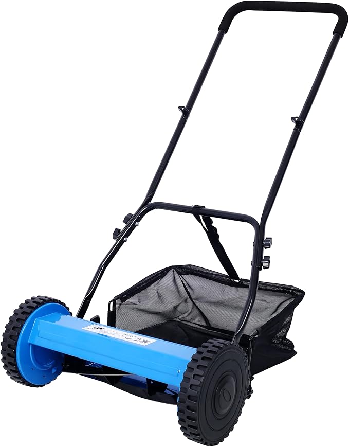 KEIKI 16-Inch Manual Lawn Mower, Push Reel Mowers w/Grass Catcher & Adjustable Cutting Height, 2-Wheels Small Lawnmower with 5 Steel Blades for Graden, Spaces Saving & Easy Assembly, Blue