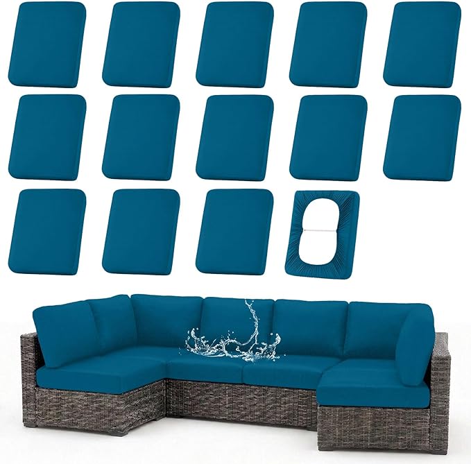 hyha Waterproof Outdoor Cushion Covers for Patio Furniture, Stretch Patio Chair Cushion Slipcovers, Coated UV Resistant Replacement Seat Covers, Solid Color (Peacock Blue, 14PC)