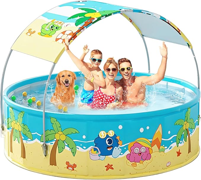 Foldable Swimming Pool with Canopy for Kids 78.7"x17.7" Hard Plastic Portable Dog Pool Anti-Slip Collapsible Pets Bathtub Kiddie Pool Indoor Outdoor Backyard (JellieMons 79'')