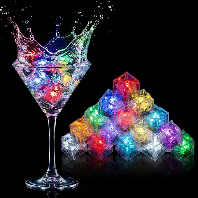 24 Pack Light Up Ice Cubes for Drinks, Multi Color Led Ice Cubes, IP67 Waterproof Reusable, Glowing Flashing Changing Lights, Water Activated Drink Lights for Cocktails Club Party Bar Wedding Decor