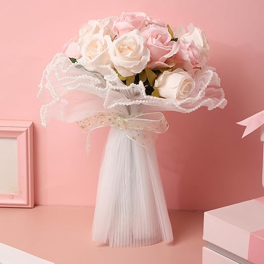 Gilprop 8 Pcs Flower Wrapping Mesh Paper, 11 Inch x 4 Yard Wavy Pearl Edge Wrinkled Flower Packaging Mesh, Florist Supplies for Teacher Mother's Day Gifts (White)