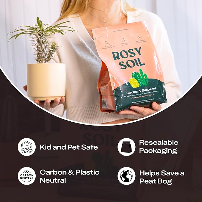 Rosy Soil Cactus and Succulent Organic Potting Soil Mix for House Plants - Fast Draining, Root Boosting, Peat-Free, Less Prone to Gnats - Drought-Tolerant -for AloeVera, Cacti, Indoor Succulents- 4qt