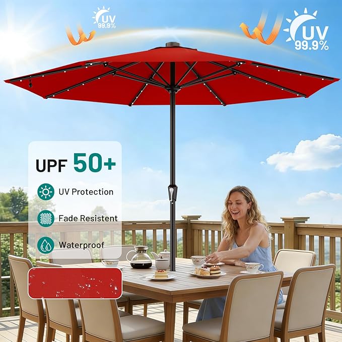 AreShark 11FT Large Patio Umbrella with Solar Lights, Lighted Solar Umbrella with Crank, Outdoor Table Market Umbrellas for Garden, Deck, Backyard, Pool and Beach, Red