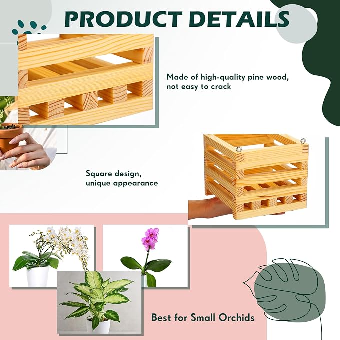 Briwooody 4 Pack Wooden Plant Hanger Set Including 6 Inch Strong Hanging Orchid Wooden Square Baskets and 24 Inch Wire Plant Hangers for Hanging Orchid Gardening Indoor Outdoor (Brown)