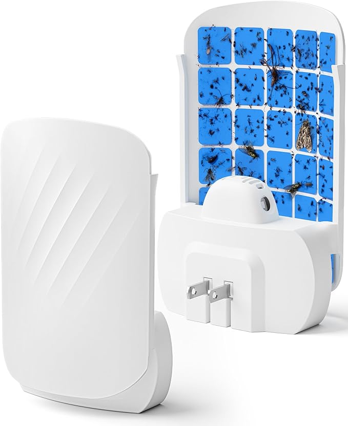 Plug-in Flying Insect Trap for Indoors, Fly Trap for Fruit Flies, Gnats & House Flies, UV Light Indoor Bug Catcher for Home, Kitchen, Silent & Mess-Free Alternative to Bug Zapper, 1 Device 2 Refills