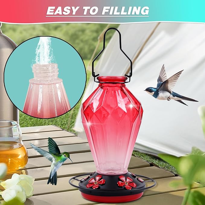 Glass Hummingbird Feeder for Outdoors Hanging, 25Oz Humming Bird Nectar Feeder, Perch, 5 Flower Feeding Ports, Leak Proof Base, Hook for Outside Garden Backyard, Gift for Women Mom, Diamond Red