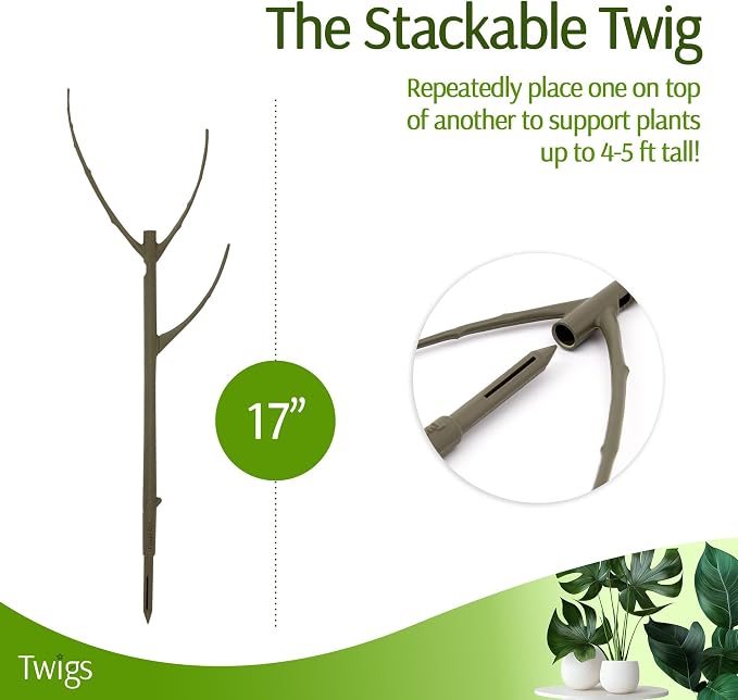 Twigs GA - Stackable Plant Support Stakes, Indoor & Outdoor Houseplant Stem Support, Garden Accessories, Durable Trellis Alternative for Climbing & Potted Plants - Moonstone, 3 Pack, 17" L