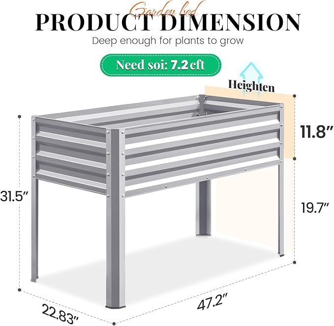 KING BIRD Large Raised Garden Bed with Legs Galvanized Elevated Planter Box 48×24×32 in for Backyard, Patio, Balcony, 400lb Capacity, Silver