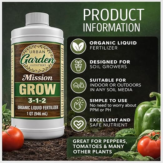 Urban Garden Outfitters Mission Fertilizer Grow 3-1-2 Organic Liquid Plant Fertilizer- All-Purpose, Fish-Based Nutrient Boost for Healthy Growth, Indoor & Outdoor Plants, Quart