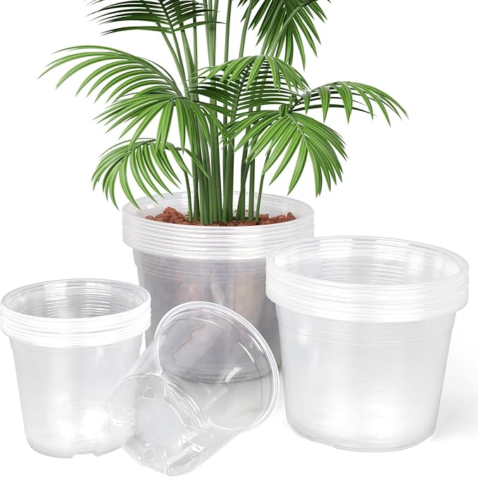24 Pack 6/8/10 Inch Clear Nursery Pots with Drainage, Large Plastic Plant Pots for Seedlings Flowers Succulents Vegetable, Indoor Outdoor Gardening (6 810 Inch)