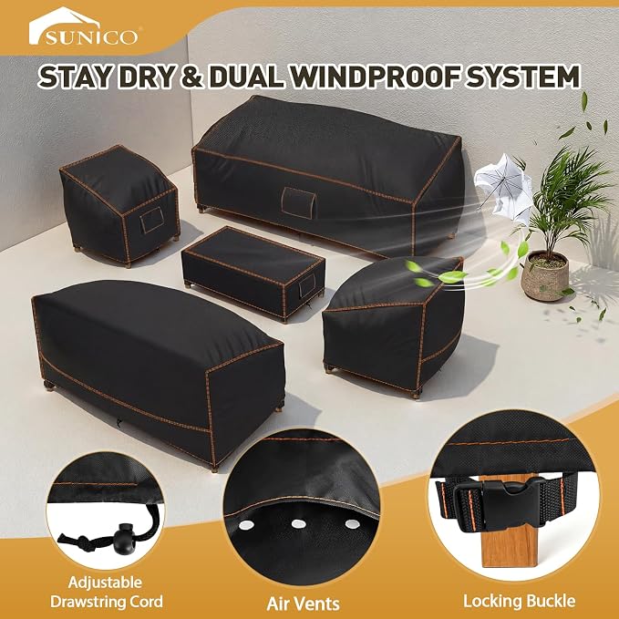 SUNICO Outdoor Cover for Patio Furniture, 5 Piece Patio Set Cover Waterproof, 420D Covers for Outdoor Furniture, UV Fade Protection, Tear-Resistant, Black