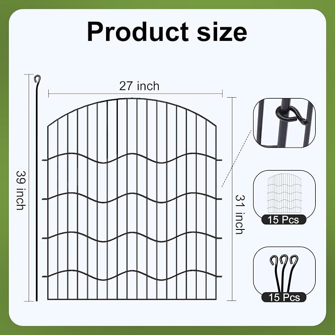 15-Panel No Dig Garden Fence, 31in(H) x35ft(L) Black Metal Animal Barrier, Dog Fence Outdoor for Yard, Temporary Decorative Fencing Border for Rabbits, Patio