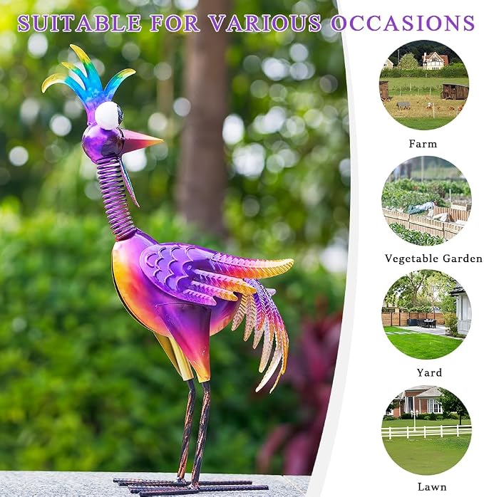 Metal Wacky Rooster Garden Statue, 19'' Rooster Decor Yard Statue Decorations Outdoor, Chicken Yard Art for Outside, Patio, Backyard, Lawn(Purple)