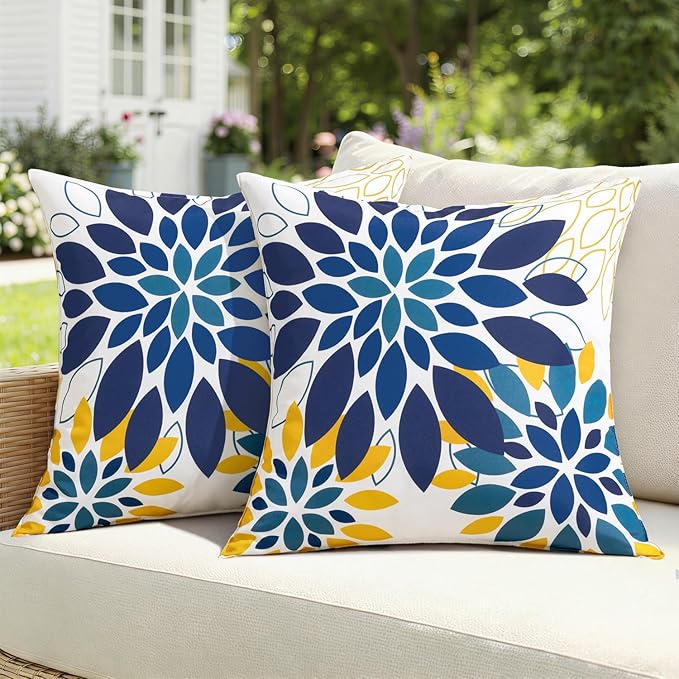 Floral Outdoor Pillow Covers Waterproof Spring Throw Pillow Cases Blue Yellow 18x18 Inch Set of 2 Decorative Summer Cushion Covers for Patio Furniture Garden Bench Porch Sofa