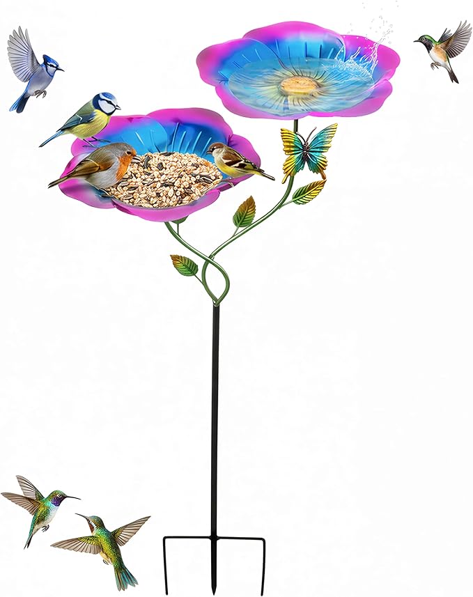 37.4 Inch Floral Metal Bird Bath for Outside - Standing Bird Feeder with Dual Flower Bowls Detachable Birdbath with Butterfly Decor Metal Stake Base for Garden Yard Outdoor (Blue)