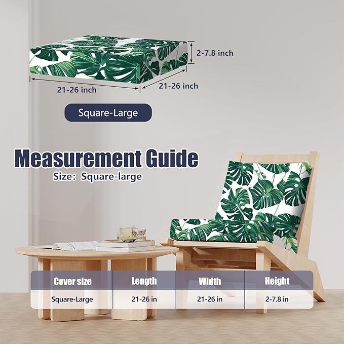 8Pcs Patio Stretch Cushion Covers, Outdoor Couch & Sofa Replacement Slipcovers for Patio Furniture Cushion Covers, Washable Reusable Furniture Protector, Square Large, Green Leaf