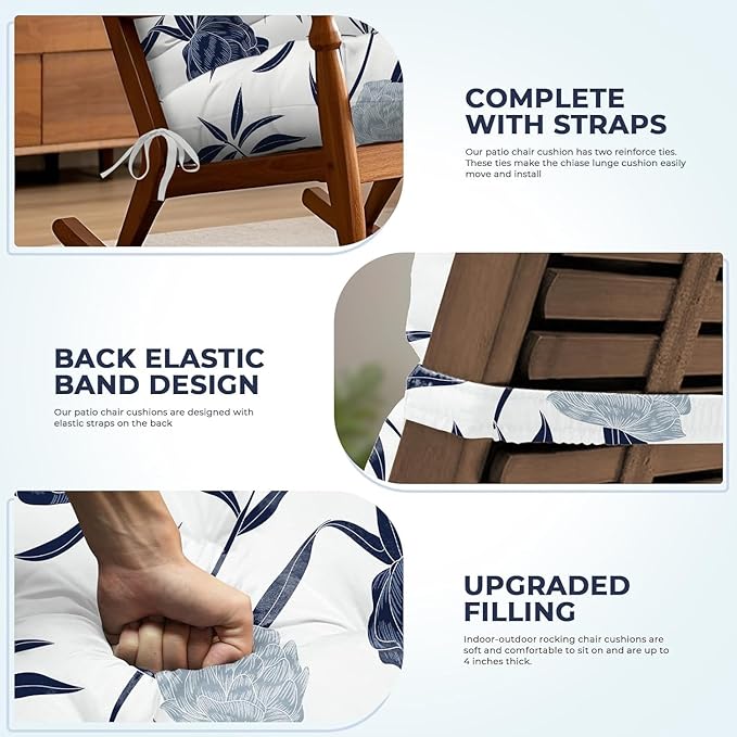 2 Pack Adirondack Chair Cushion Waterproof Indoor Outdoor Rocking Chair Cushion 44 Inches Patio High Back Chair Cushions Thickened Adirondack Rocking Chair Cushions with Ties, Blue Enchantress