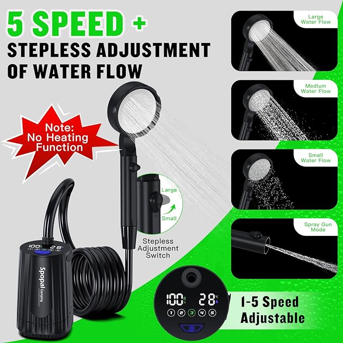 Spopal Portable Shower for Camping, [Upgraded] 10000mAh Rechargeable Camping Shower with 5 Adjustable Speeds,Premium LED Display, IPX8 Waterproof Outdoor Shower Kit for Hiking, Car, Pet, Travel