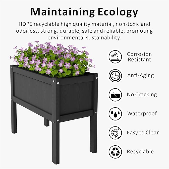Raised Garden Bed with Drainage Hole Waterproof Small HDPE Elevated Planter Box with Legs Stable and Durable to Plant Herb Vegetable Flower,Patio,Balcony Outdoors/Indoors Black