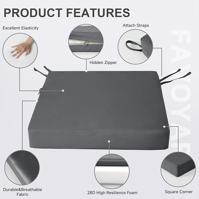 Favoyard Patio Chair Cushions 17 x 16 x 2 Inch Waterproof Outdoor Seat Cushions for Patio Furniture 3-Year Color Fastness Garden Sofa Couch Pads with Handle & Adjustable Straps Set of 2, Dark Grey
