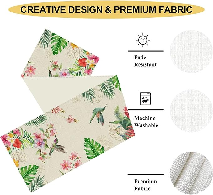 Floral Birds Table Runner, Rustic Watercolor Tropical Palm Leaf Hummingbird Pink Spring Flower Coffee Table Center Decor for Family Kitchen and Dining Farmhouse Party Table Decorations, 13"x90"