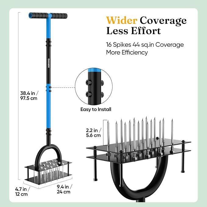 Grenebo Lawn Aerator Manual Aerator Lawn Tool with 16 Spikes, Metal Grass Aerator for Yard, Lawn Aeration, Automatic Soil Ejection, Pre-Assembled Lawn Aerator Tool (Black Blue)