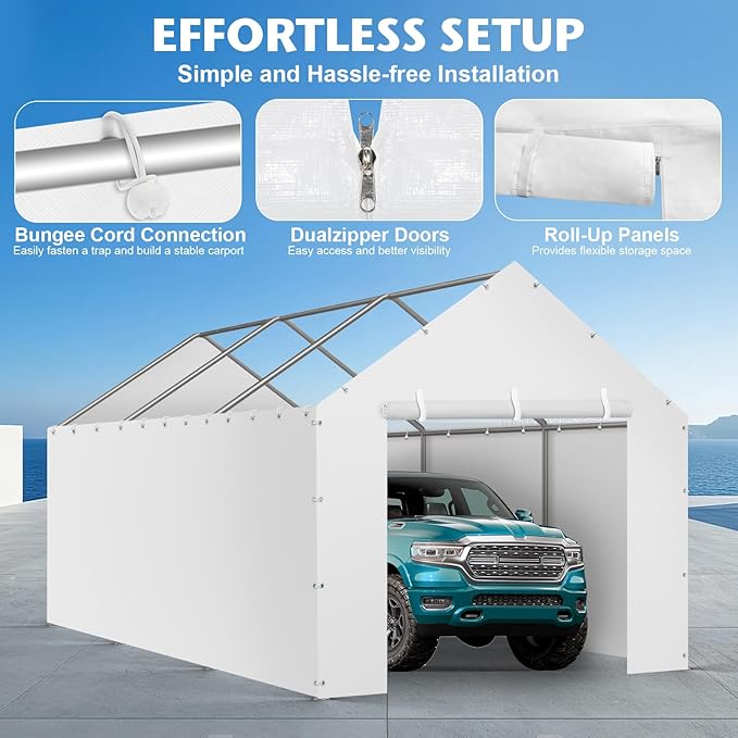 Carport Replacement Canopy Cover Sidewalls for 10x20x9.35FT Frame, Heavy Duty Garage Car Tent Shelter Tarp with Ball Bungees, Waterproof & UV Protected (Frame is not Included) (White)
