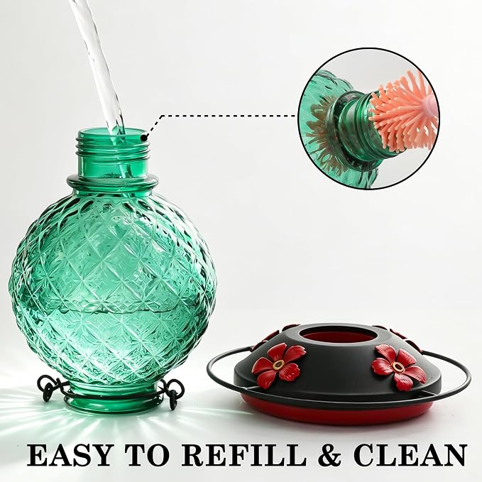 25 OZ Glass Hummingbird Feeder for Outdoors, Leak Proof Hummingbird Feeder with Ant Moat, 4 Bee Resistant Feeding Ports, Easy Clean Wide Mouth Design, 360° Perch, Green