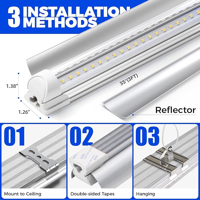 Barrina Grow Lights for Indoor Plants, 3FT 5000K Daylight White Full Spectrum Plant Lights, 180W(6 x 30W, 1000W Equivalent), T8 Grow Light Bulbs, LED Grow Light Strips, Linkable Design, 6-Pack