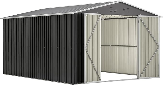 YOPTO 10x12 FT Outdoor Storage Shed,Utility Metal Tool Storage with Lockable Doors and Waterproof Roof, Large Garden Shed for Backyard, Patio Lawn, Black