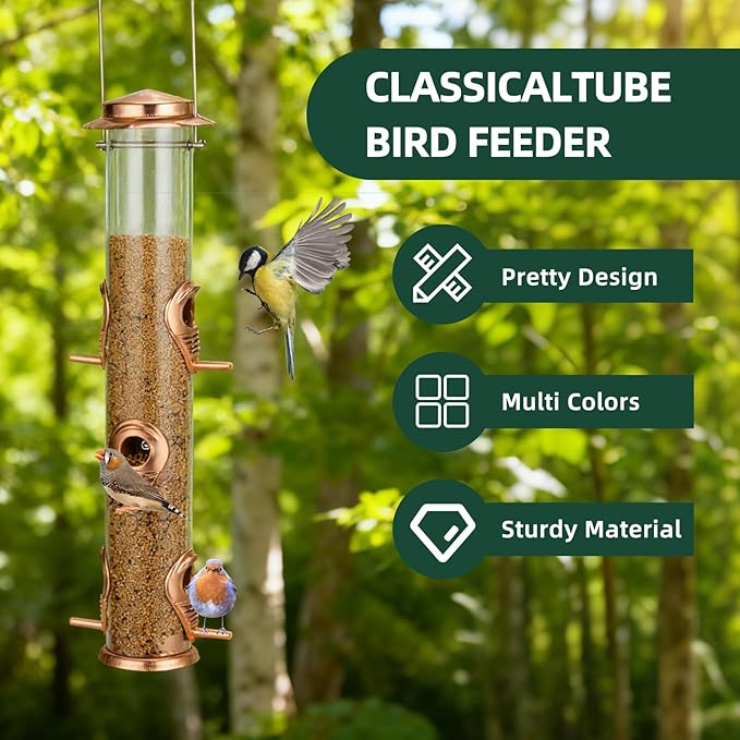 ERYTLLY Metal Bird Feeders 6 Port Tube Bird Feeder for Wild Birds, 1.4mm Extra Thick Solid Tube Transparent with Steel Hanger for Outside