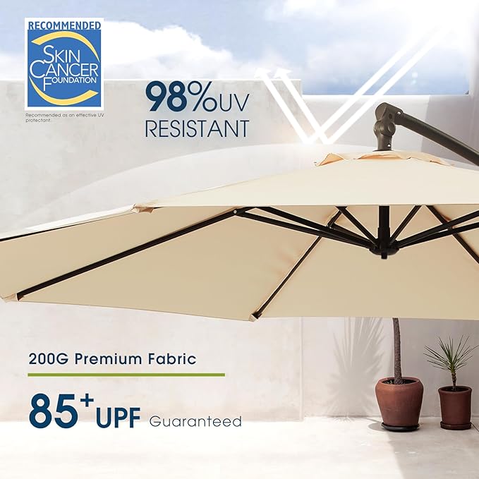 wikiwiki 10ft Patio Umbrellas Offset Outdoor Cantilever Hanging Umbrella w/Infinite Tilt, Fade Resistant Waterproof Recycled Fabric Canopy for Yard, Garden & Deck, Beige