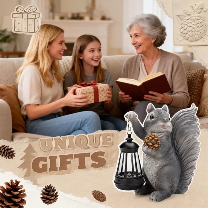 Solar Squirrel Garden Statue Outdoor Decor, Squirrel Sculpture with Lantern for Yard Lawn Patio Balcony, Birthday Housewarming Gifts for Mom, Grandma, Women, Resin, Grey