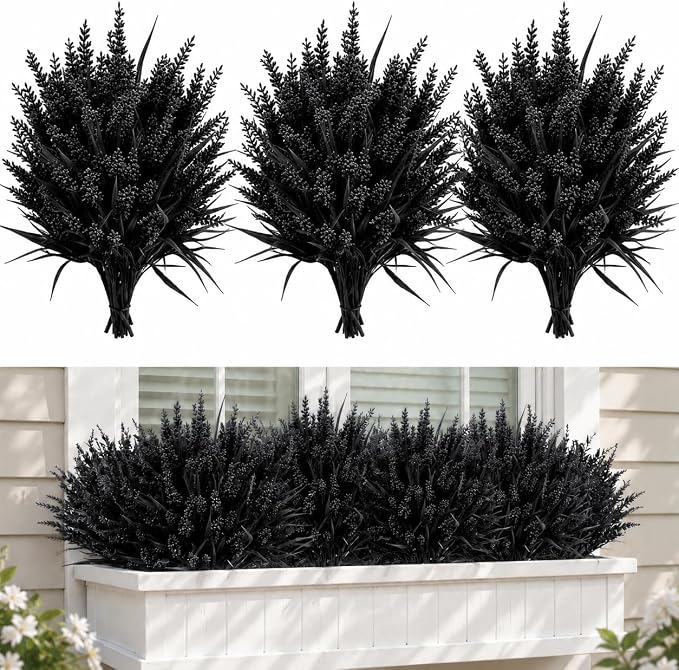 Geegoods Artificial Black Flowers Outdoor – 24 Bundles UV Resistant Faux Lavender Plants with Monkey Grass for Halloween Porch Window Box Patio Hanging Planter Garden Decor