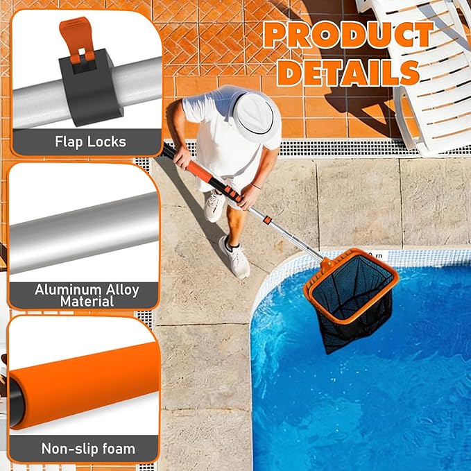 LAANPOLE Telescopic Pool Pole, 12ft Heavy Duty Swimming Pool Pole, Adjustable Pool Cleaning Pole for Skimmer Nets, Vacuum Heads and Brushes