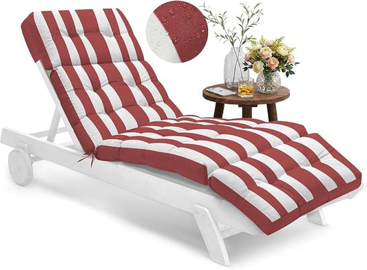 Outdoor Chaise Lounge Chair Cushion Waterproof 74.4 x 22 x 4.7 Inches Memory Foam Lounge Chair Cushions for Outdoor Furniture with Ties, Thickened Pool Lounge Chair Cushion, Stripe Red&White