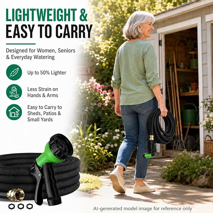 100FT Lightweight Flat Garden Hose for Women & Seniors, Non-Expandable Water Hose with 10-Pattern Spray Nozzle, Easy Storage No-Kink Hose for RV, Patio, Small Backyard, Car Wash & Everyday Watering