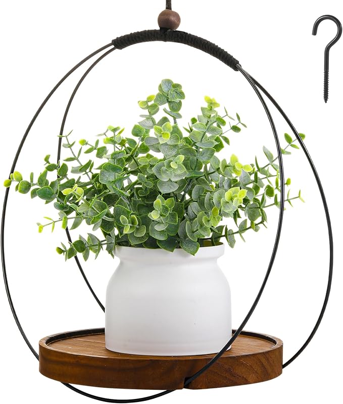 Threehoney 1 Pack Hanging Planters for Indoor Black Plant Hanger with Round Wood Base Large Indoor Hanging Plant Shelf Boho Holder Gift for Mom,Housewarming (9.8 '')