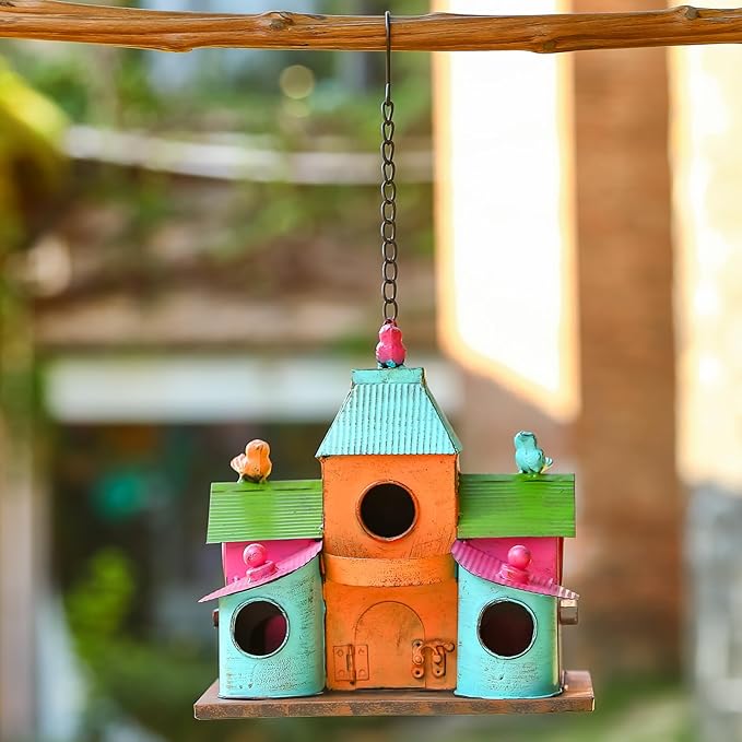Large Bird Houses for Outside Hanging, Colorful Metal Bird Houses for Outside with 5 Compartments, Easy-Clean Front & Back Doors, Escape Holes & Ventilation, Weatherproof birdhouses for Outdoors
