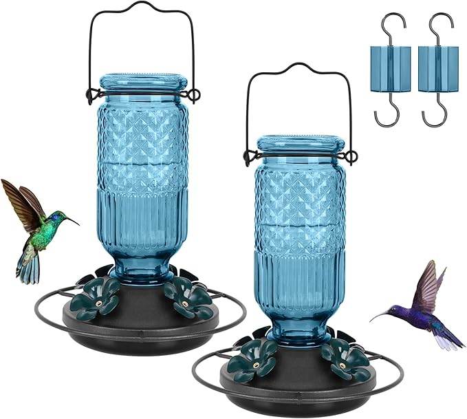 FEED GARDEN Glass Hummingbird Feeder for Outdoors Hanging, 16 OZ Humming Bird Feeders with 4 Bee Guard Feeding Ports & Built-in Ant Moat, Hummingbird Gifts for Mom Bird Feeder for Outside, Blue,2 Pack