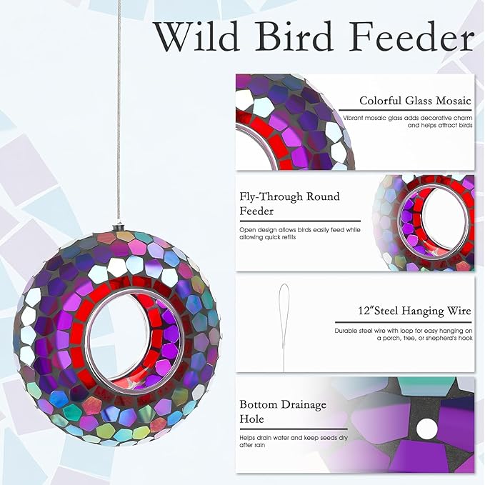 6 Inch Mosaic Glass Hanging Bird Feeder for Outdoors，Fly Through Bird Feeders for Wild Birds, Cute Seed Container with Round Shape for Backyard Window Garden Porch Decor, Aurora Purple Mosaic