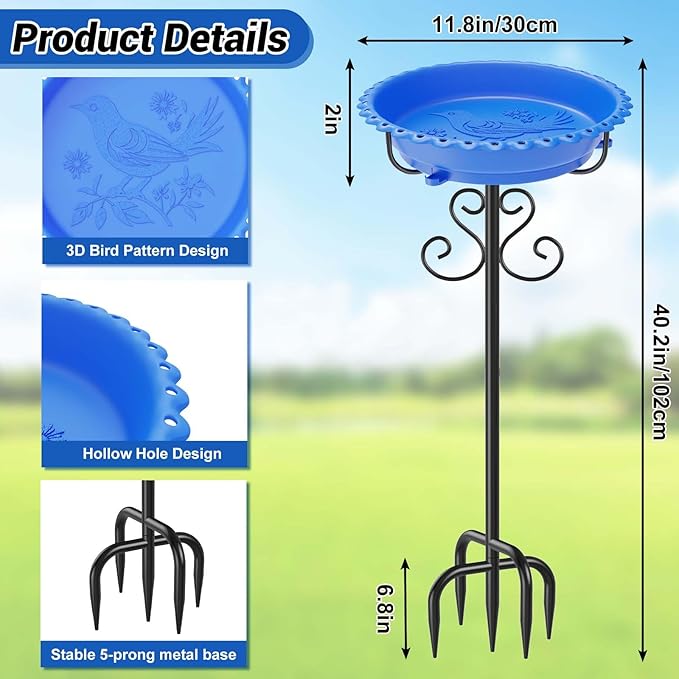 Bird Bath for Outside,40In Vintage Freestanding Bird Feeder Birdbaths for Outdoors, Bird Bath Detachable Plastic Bowl for Garden Patio Yard Lawn Decor, 5-Pronged Base & Easy to Clean (Blue)