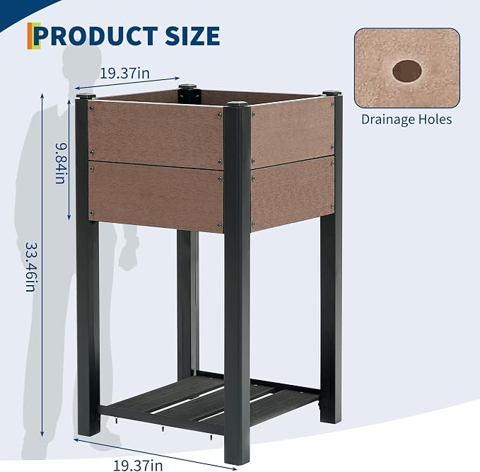 Garden Raised Bed with Shelf, 19*19*33.5in Deep Root Planter Box for Patio, Outdoor Herb with Bottom, Vegetable, and Flower Gardening - Durable Wooden Style Planter Box for Easy Mobility and Clearance