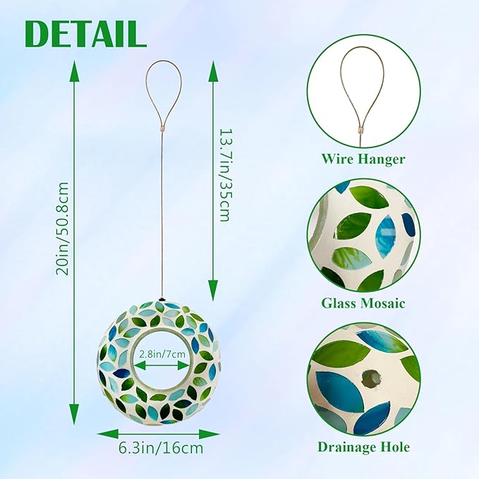 Hanging Bird Feeders for Outdoor Glass Mosaic Fly Through Wild Bird Feeder Round Shape Birdfeeder for Outside Garden Yard Patio Decoration Green