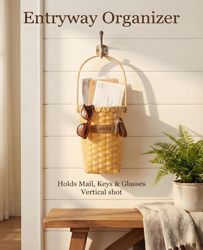 AceList Woven Hanging Basket for Wall Door, 9 Inch Tall Wood Storage Basket for Living Rooms, Kitchen, Rustic Farmhouse Pocket Basket with Long Handle for Dried Flower Decor With flower tags