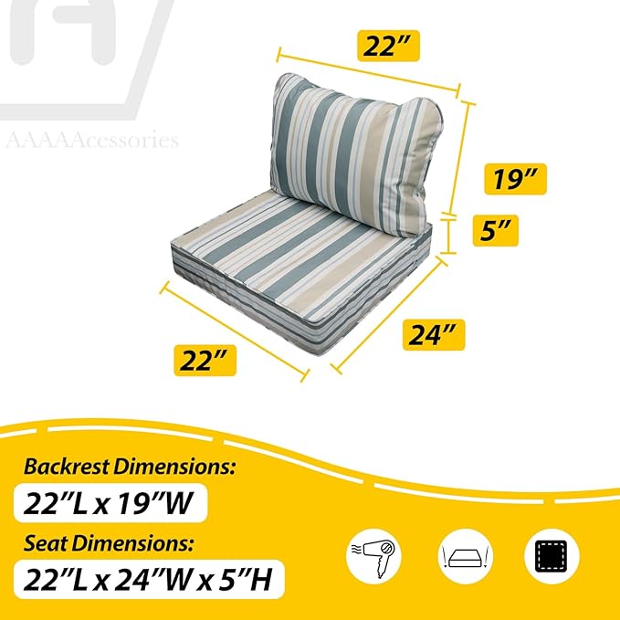 AAAAAcessories Outdoor Seat Cushions for Chairs, Fade-Resistant, Waterproof Patio Furniture Replacement Cushions, 22" x 24" x 5" + 22" x 19", Slate Gray Blue Coastal Stripe