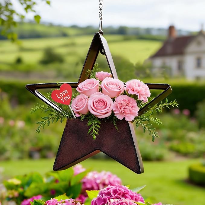 Metal Plant Hangers Indoor and Outdoor: Birthday Gifts for Mom Women Her Wife Garden Lovers - Star Shape Hanging Planters for Window Wall Living Room Office Decor(Rustic)