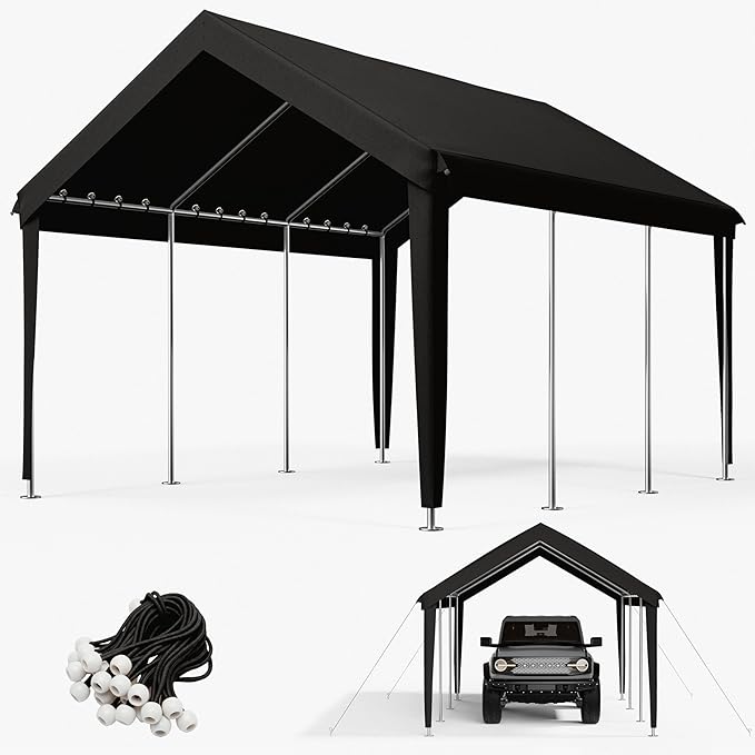 10 x 20 Ft Carport Replacement Cover, Heavy Duty Outdoor Car Tarp Canopy, Waterproof & UV Protected Tear Oxford Tarp with Ball Bungees (Frame is Not Included)
