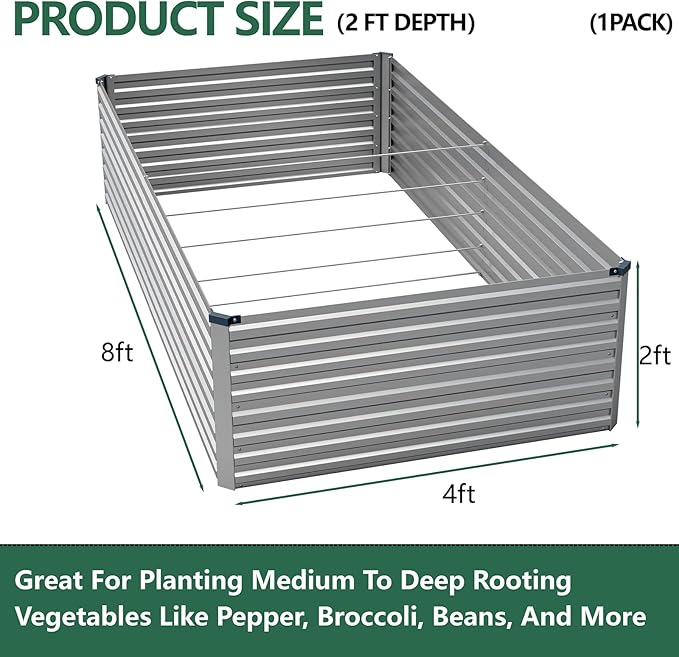 Vengarus 8x4x2FT Galvanized Raised Garden Bed Kit, Deep Root Planter Box Outdoor Large Planter Raised Beds for Planting Flowers,Vegetables and Herbs-Silver