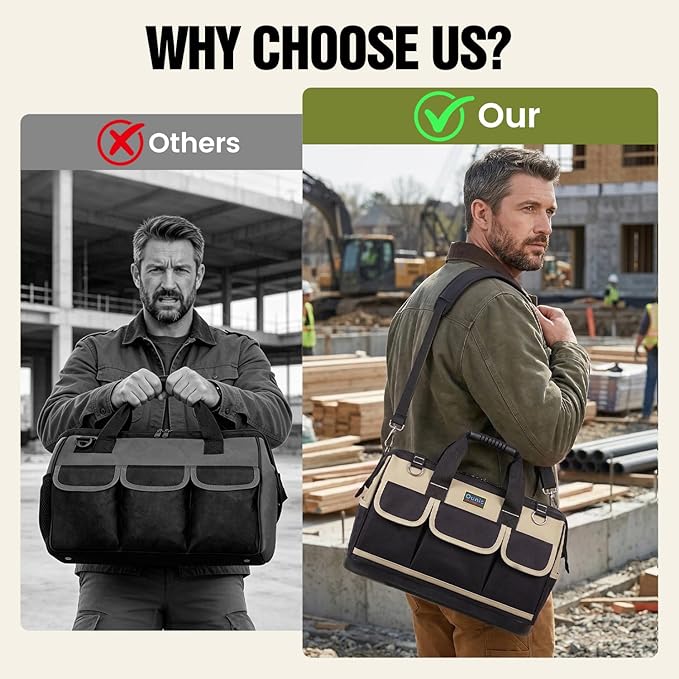 Tool Bag, Ounic 18 Inch Large Tool Tote Bag Heavy Duty With Waterproof Molded Base, Wide Mouth Tool Box Organizer with Adjustable Shoulder Strap for Electrician Mechanic Craftsman Plumbers(Coffee)